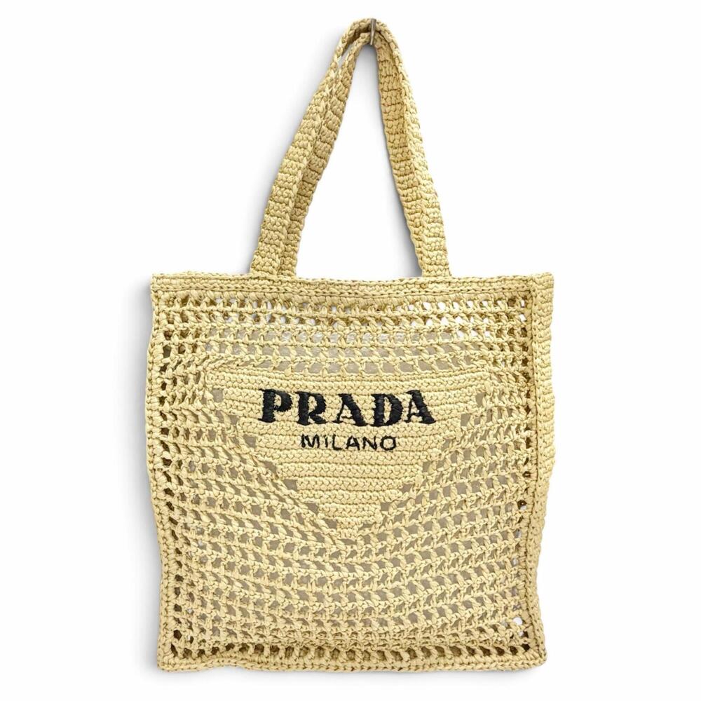 PRADA 1BG393 Triangle Logo Raffia Crochet Tote Bag, Shoulder Bag Compatible, ...